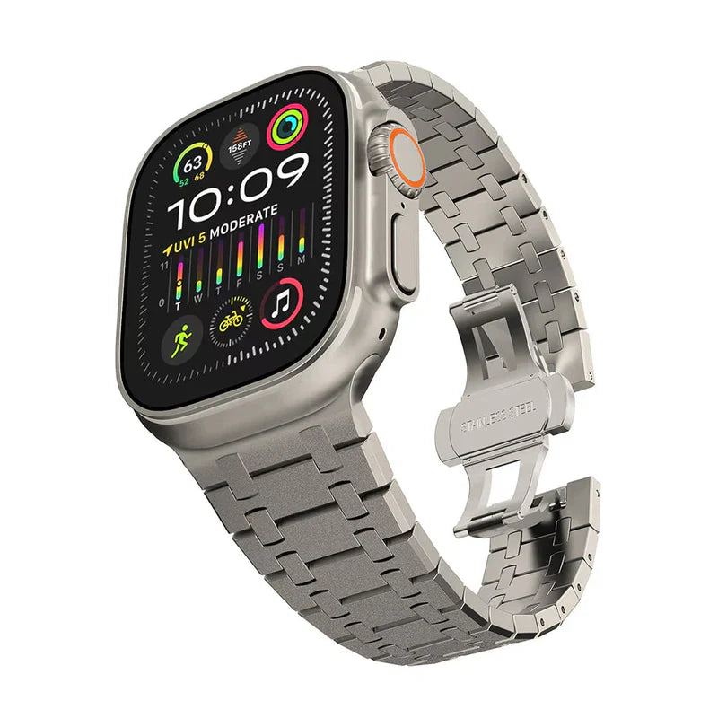 Straplix AP Stainless Steel Flashing Band for Apple Watch – Polished Metal Strap Compatible with 44mm 45mm 46mm 49mm