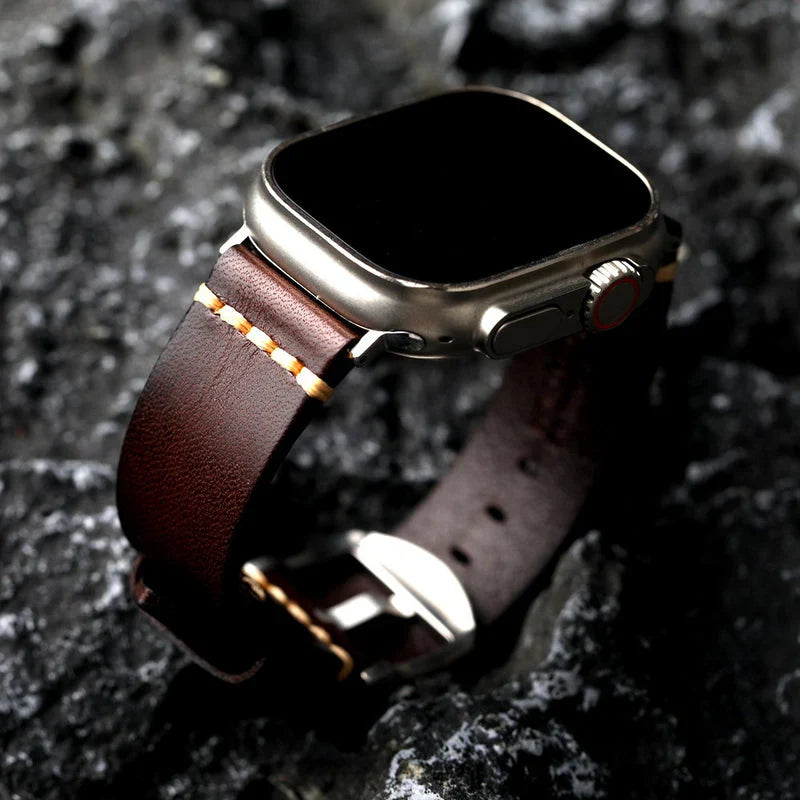Straplix Dark Vintage Leather Band for Apple Watch – Distressed Genuine Leather Strap Compatible with 40mm 41mm 42mm 44mm 45mm 46mm 49mm