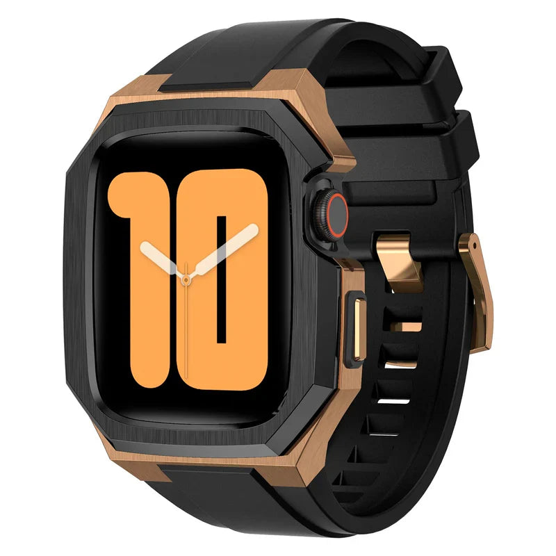 Straplix Stainless Steel Case with Rubber Band for Apple Watch – Rugged Retrofit Kit Compatible with 44mm 45mm 49mm