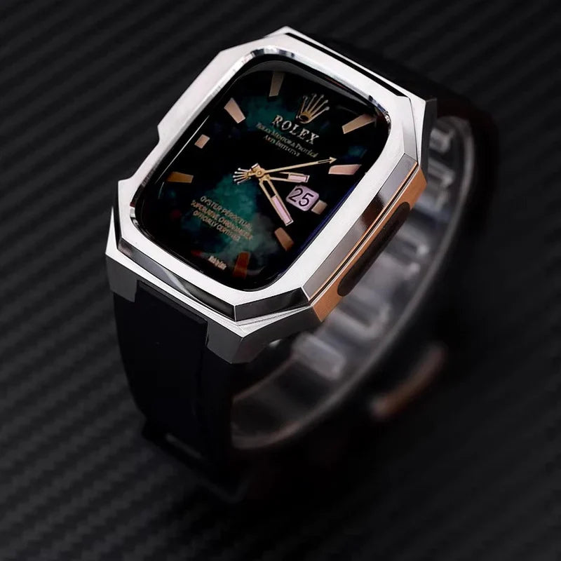 Straplix Stainless Steel Case with Rubber Band for Apple Watch – Rugged Retrofit Kit Compatible with 44mm 45mm 49mm