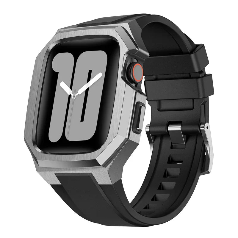 Straplix Stainless Steel Case with Rubber Band for Apple Watch – Rugged Retrofit Kit Compatible with 44mm 45mm 49mm