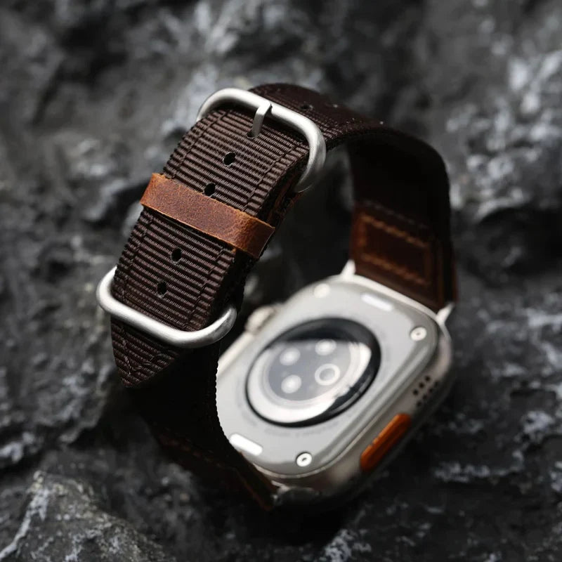 Straplix Handmade Nylon Leather Band for Apple Watch – Hybrid Fabric & Leather Strap Compatible with 40mm 41mm 42mm 44mm 45mm 46mm 49mm