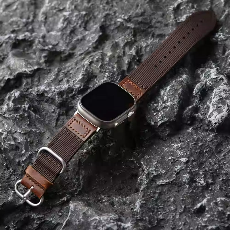 Straplix Handmade Nylon Leather Band for Apple Watch – Hybrid Fabric & Leather Strap Compatible with 40mm 41mm 42mm 44mm 45mm 46mm 49mm