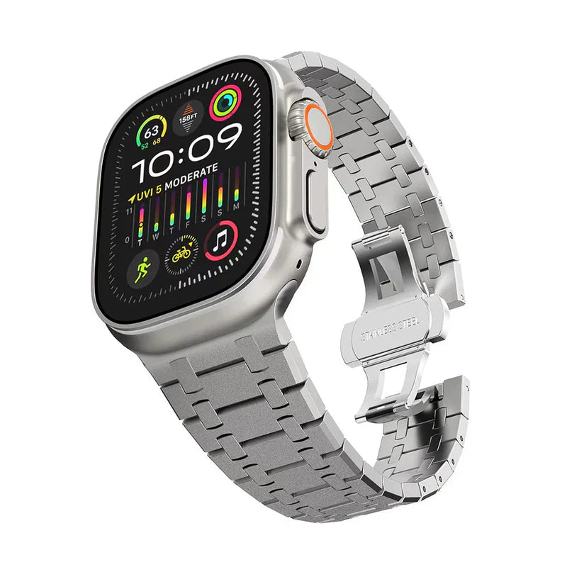 Straplix AP Stainless Steel Flashing Band for Apple Watch – Polished Metal Strap Compatible with 44mm 45mm 46mm 49mm