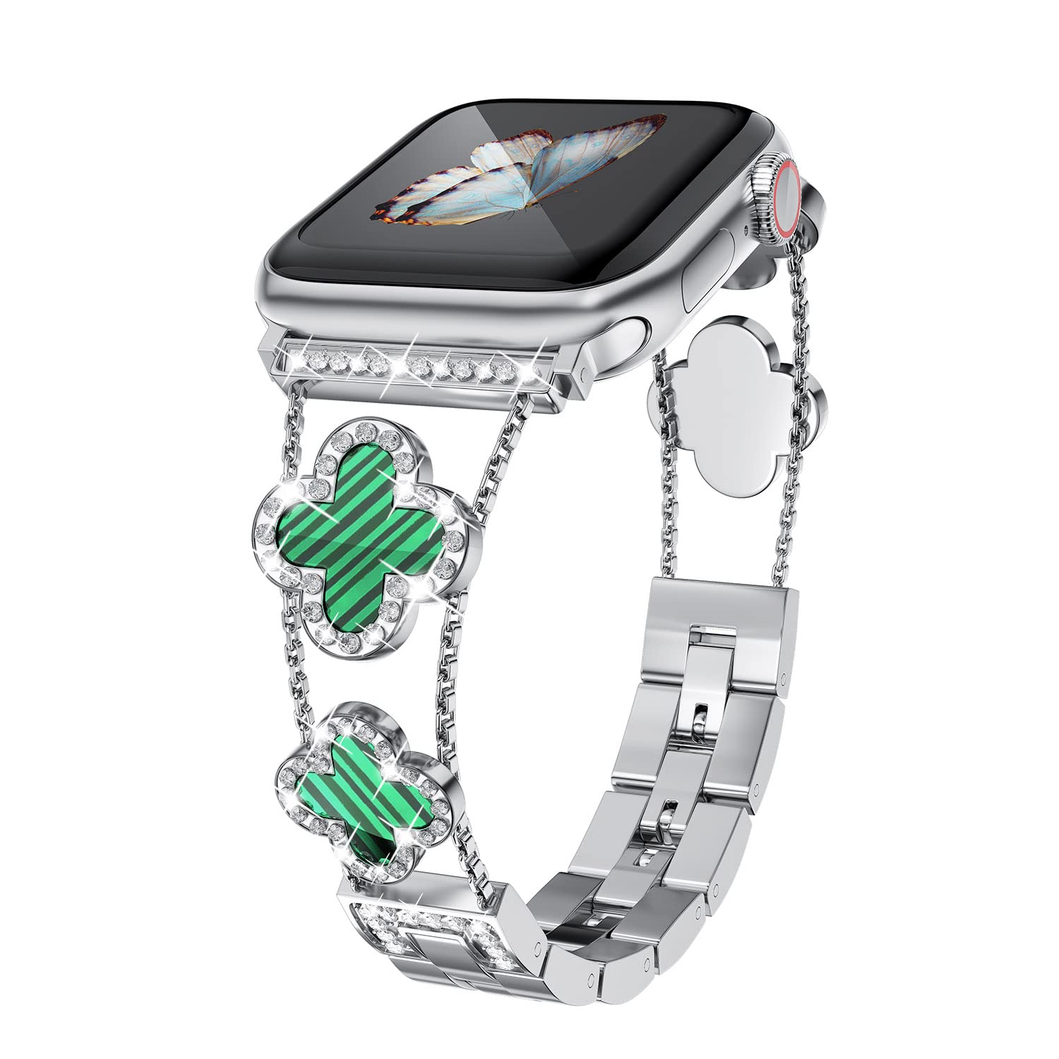 Straplix CloverLuxe Diamond Band for Apple Watch – Luxury Stainless Steel Strap with Crystals, Compatible with 40mm 41mm 42mm 44mm 45mm 46mm 49mm