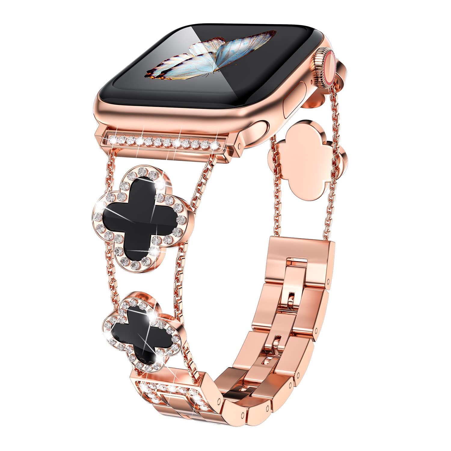Straplix CloverLuxe Diamond Band for Apple Watch – Luxury Stainless Steel Strap with Crystals, Compatible with 40mm 41mm 42mm 44mm 45mm 46mm 49mm