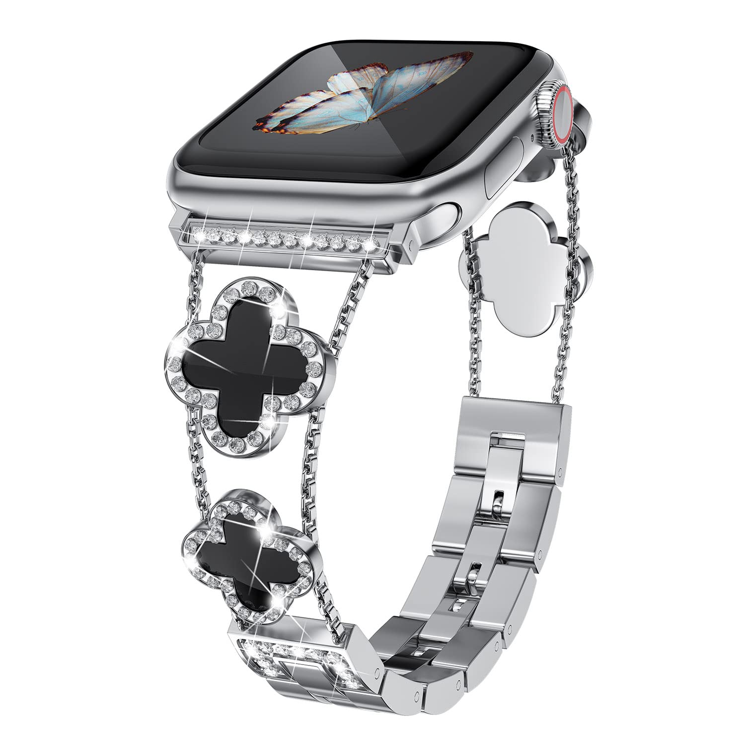 Straplix CloverLuxe Diamond Band for Apple Watch – Luxury Stainless Steel Strap with Crystals, Compatible with 40mm 41mm 42mm 44mm 45mm 46mm 49mm