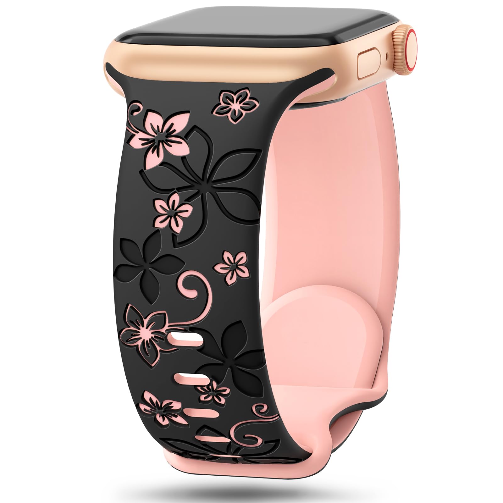 Straplix Floral Engraved Band for Apple Watch – Etched Stainless Steel Strap for Women, Compatible with 38mm 40mm 41mm 42mm 44mm 45mm 46mm 49mm
