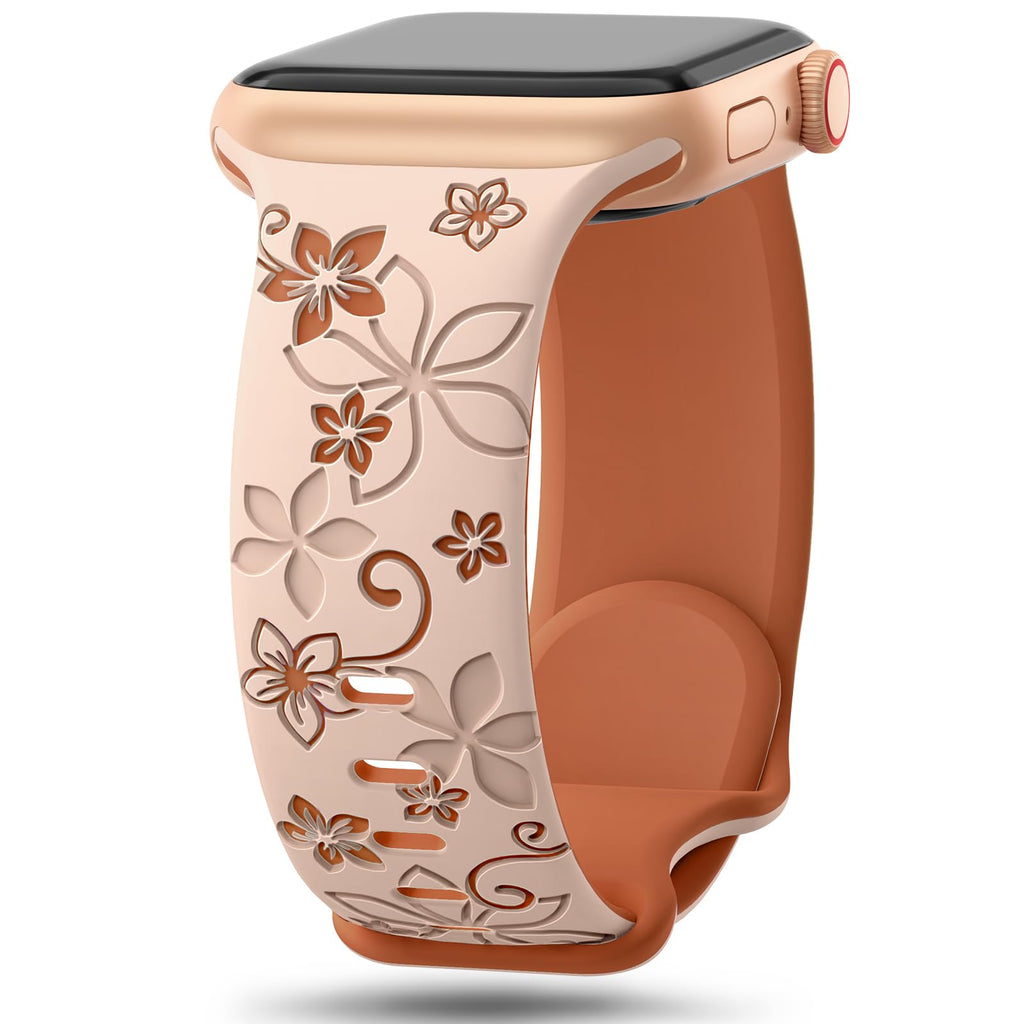 Straplix Floral Engraved Band for Apple Watch – Etched Stainless Steel Strap for Women, Compatible with 38mm 40mm 41mm 42mm 44mm 45mm 46mm 49mm