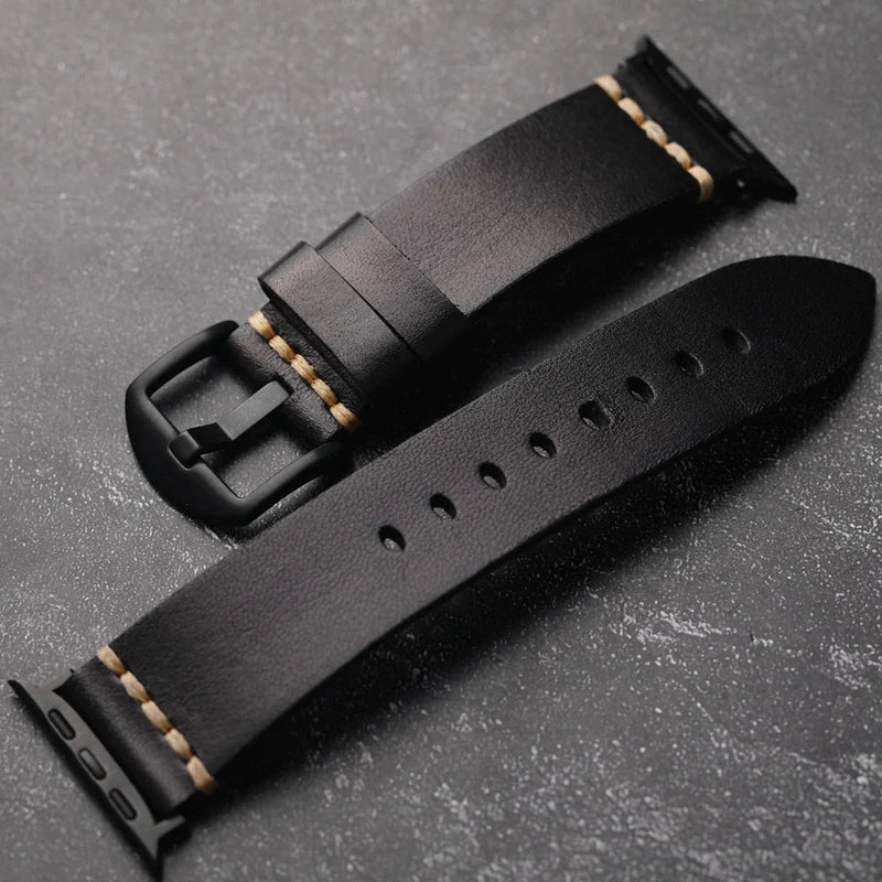 Straplix Dark Vintage Leather Band for Apple Watch – Distressed Genuine Leather Strap Compatible with 40mm 41mm 42mm 44mm 45mm 46mm 49mm