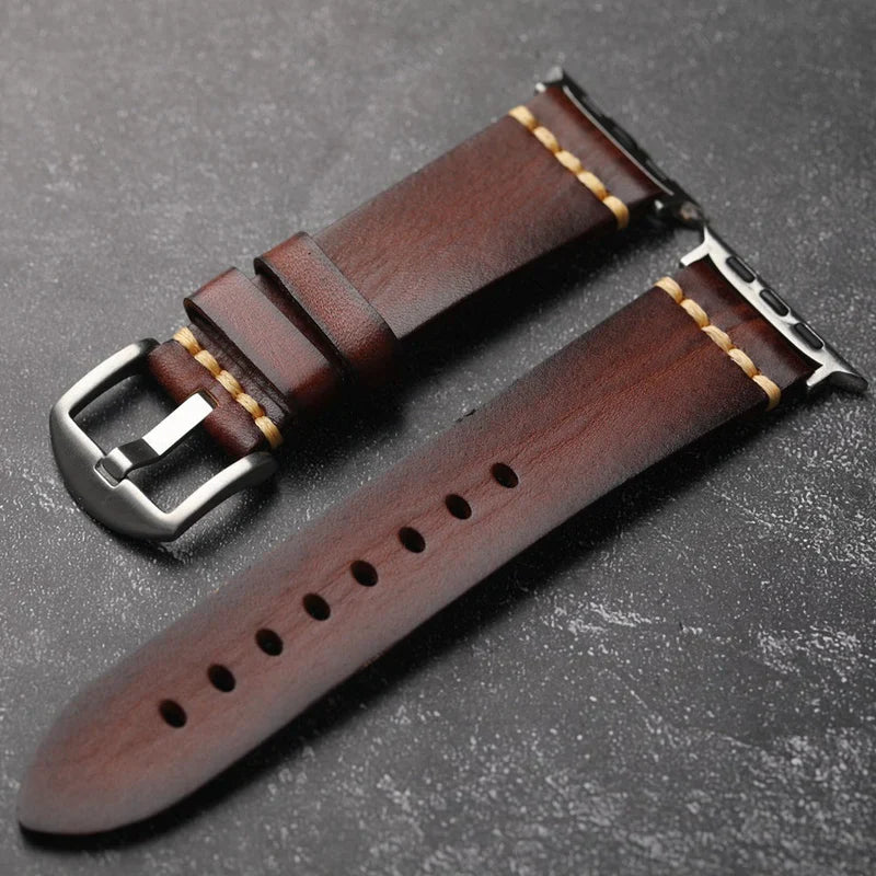 Straplix Dark Vintage Leather Band for Apple Watch – Distressed Genuine Leather Strap Compatible with 40mm 41mm 42mm 44mm 45mm 46mm 49mm