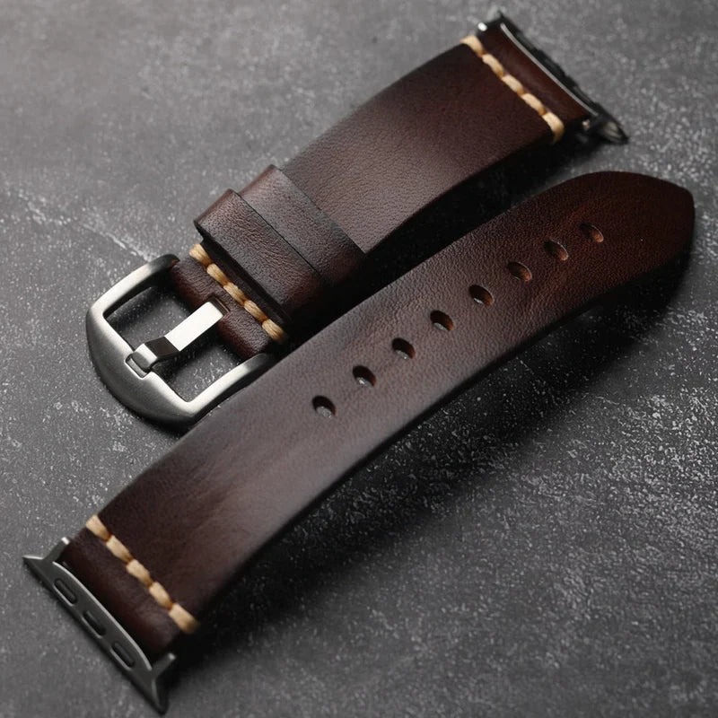 Straplix Dark Vintage Leather Band for Apple Watch – Distressed Genuine Leather Strap Compatible with 40mm 41mm 42mm 44mm 45mm 46mm 49mm