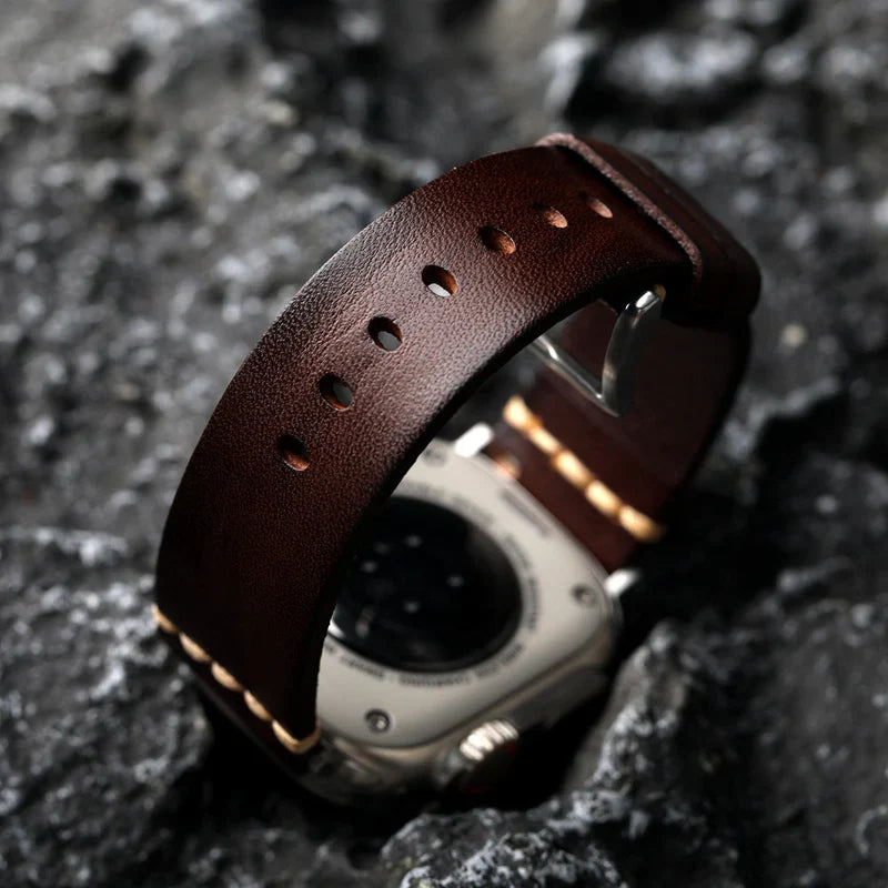 Straplix Dark Vintage Leather Band for Apple Watch – Distressed Genuine Leather Strap Compatible with 40mm 41mm 42mm 44mm 45mm 46mm 49mm