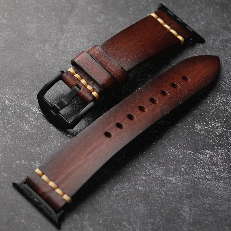 Straplix Dark Vintage Leather Band for Apple Watch – Distressed Genuine Leather Strap Compatible with 40mm 41mm 42mm 44mm 45mm 46mm 49mm