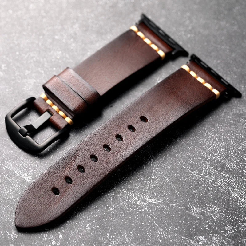 Straplix Dark Vintage Leather Band for Apple Watch – Distressed Genuine Leather Strap Compatible with 40mm 41mm 42mm 44mm 45mm 46mm 49mm