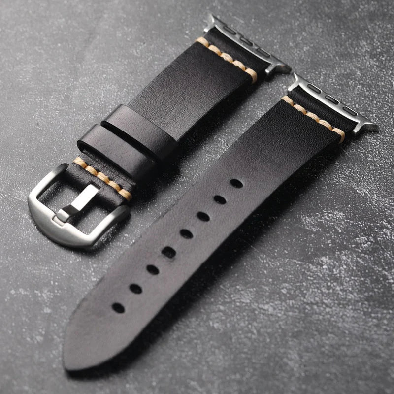 Straplix Dark Vintage Leather Band for Apple Watch – Distressed Genuine Leather Strap Compatible with 40mm 41mm 42mm 44mm 45mm 46mm 49mm