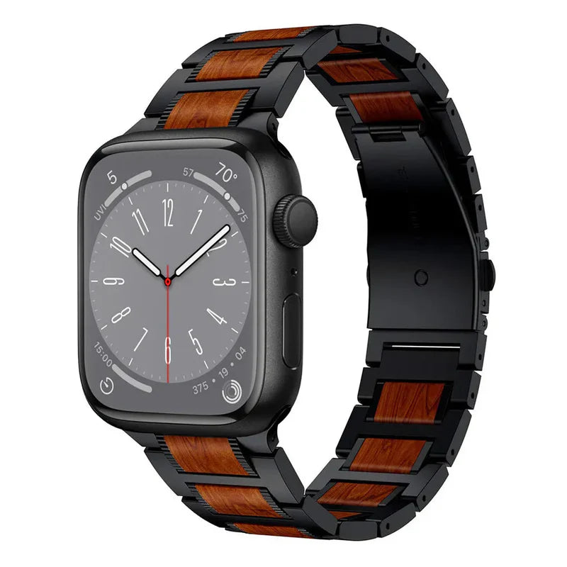 Straplix Natural Red Sandalwood & Metal Band for Apple Watch – Wood and Stainless Steel Strap Compatible with 38mm 40mm 41mm 42mm 44mm 45mm 49mm