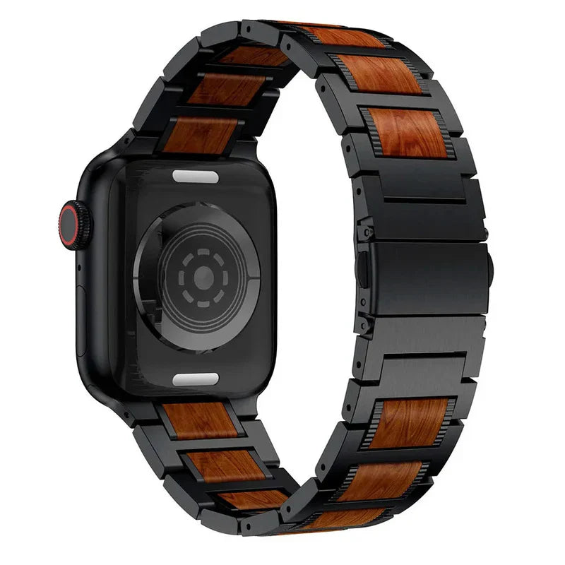Straplix Natural Red Sandalwood & Metal Band for Apple Watch – Wood and Stainless Steel Strap Compatible with 38mm 40mm 41mm 42mm 44mm 45mm 49mm