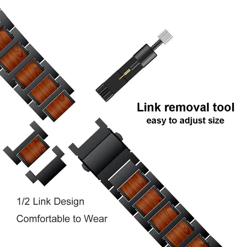 Straplix Natural Red Sandalwood & Metal Band for Apple Watch – Wood and Stainless Steel Strap Compatible with 38mm 40mm 41mm 42mm 44mm 45mm 49mm