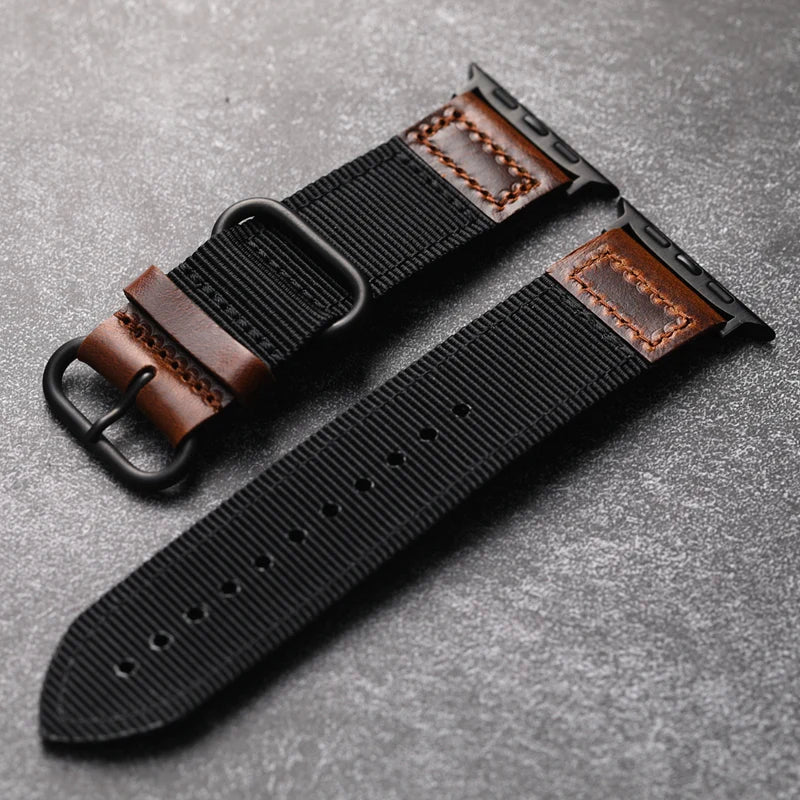 Straplix Handmade Nylon Leather Band for Apple Watch – Hybrid Fabric & Leather Strap Compatible with 40mm 41mm 42mm 44mm 45mm 46mm 49mm