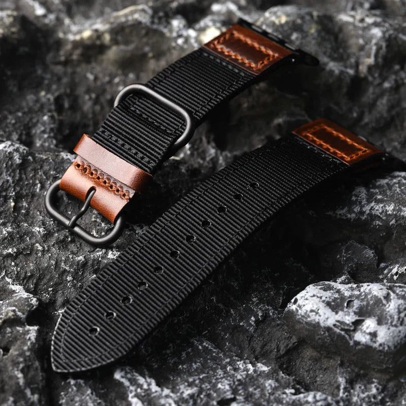 Straplix Handmade Nylon Leather Band for Apple Watch – Hybrid Fabric & Leather Strap Compatible with 40mm 41mm 42mm 44mm 45mm 46mm 49mm