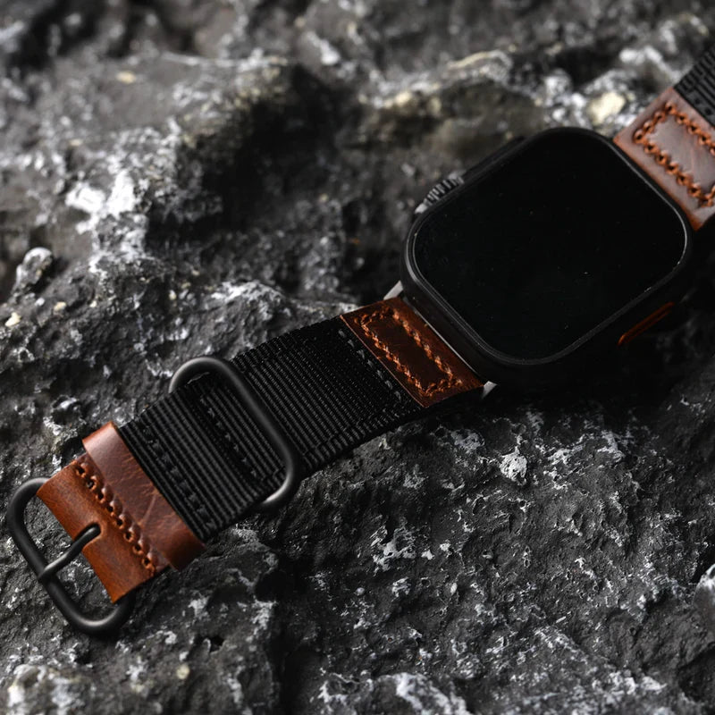 Straplix Handmade Nylon Leather Band for Apple Watch – Hybrid Fabric & Leather Strap Compatible with 40mm 41mm 42mm 44mm 45mm 46mm 49mm
