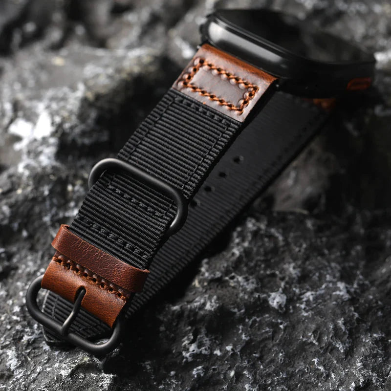 Straplix Handmade Nylon Leather Band for Apple Watch – Hybrid Fabric & Leather Strap Compatible with 40mm 41mm 42mm 44mm 45mm 46mm 49mm