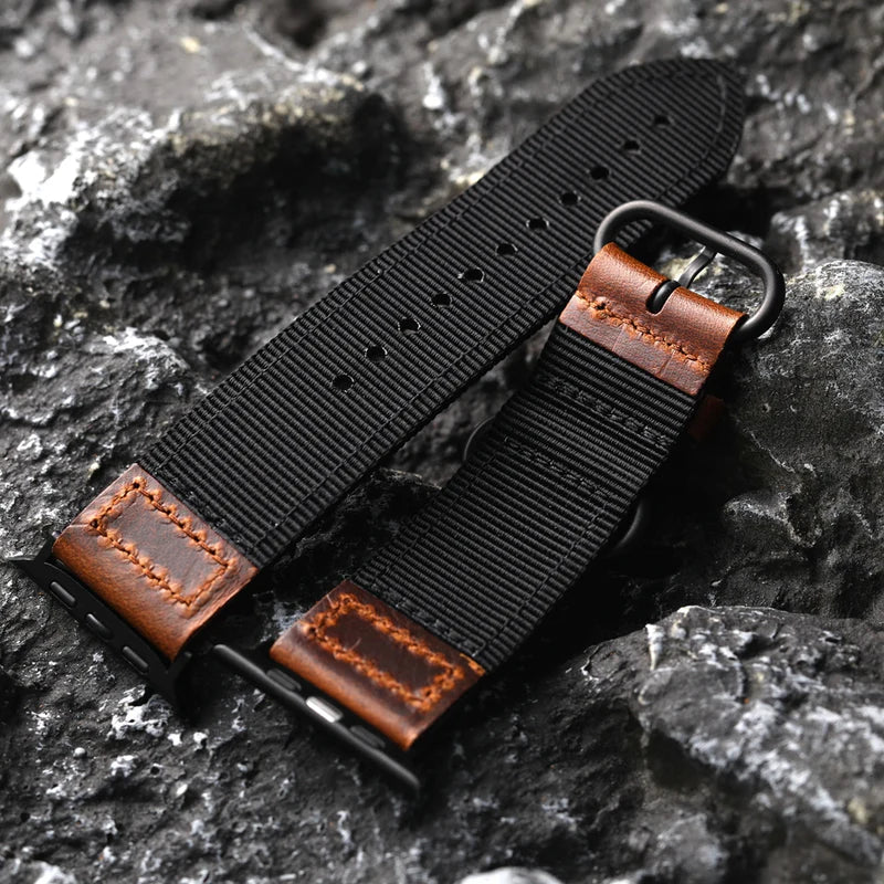 Straplix Handmade Nylon Leather Band for Apple Watch – Hybrid Fabric & Leather Strap Compatible with 40mm 41mm 42mm 44mm 45mm 46mm 49mm