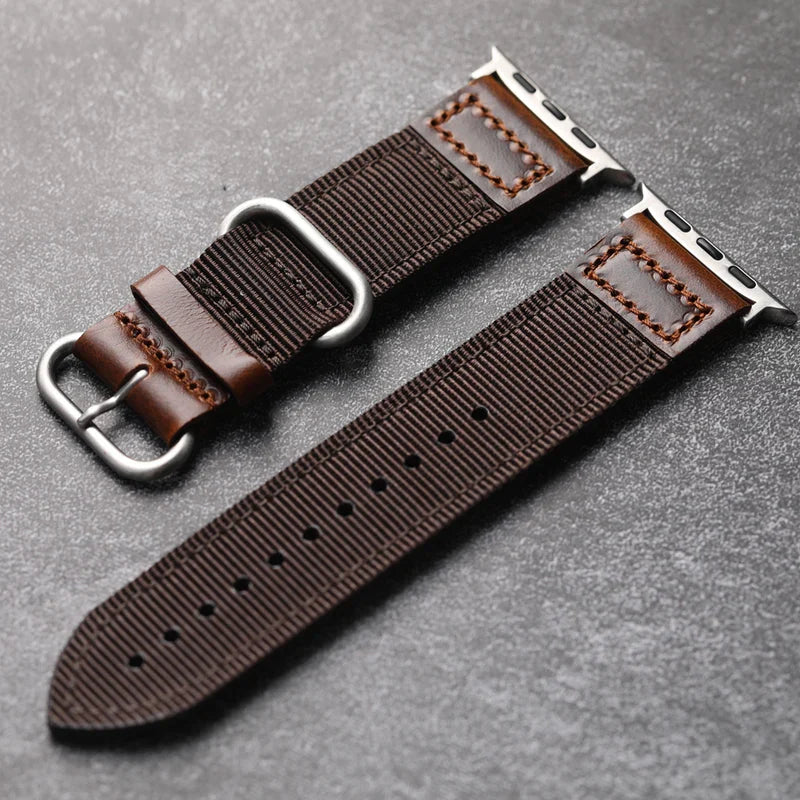 Straplix Handmade Nylon Leather Band for Apple Watch – Hybrid Fabric & Leather Strap Compatible with 40mm 41mm 42mm 44mm 45mm 46mm 49mm