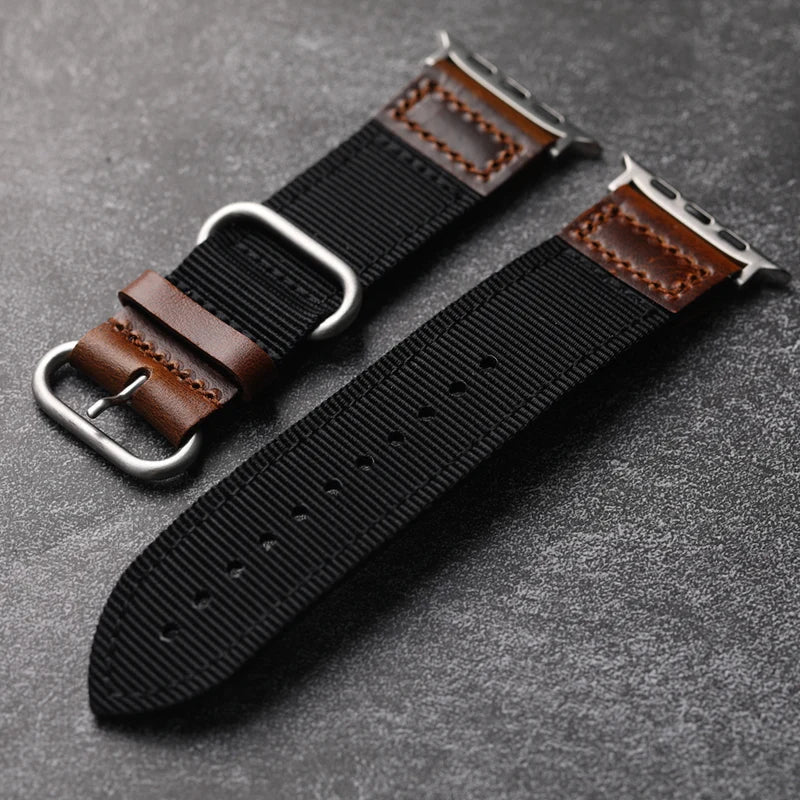 Straplix Handmade Nylon Leather Band for Apple Watch – Hybrid Fabric & Leather Strap Compatible with 40mm 41mm 42mm 44mm 45mm 46mm 49mm