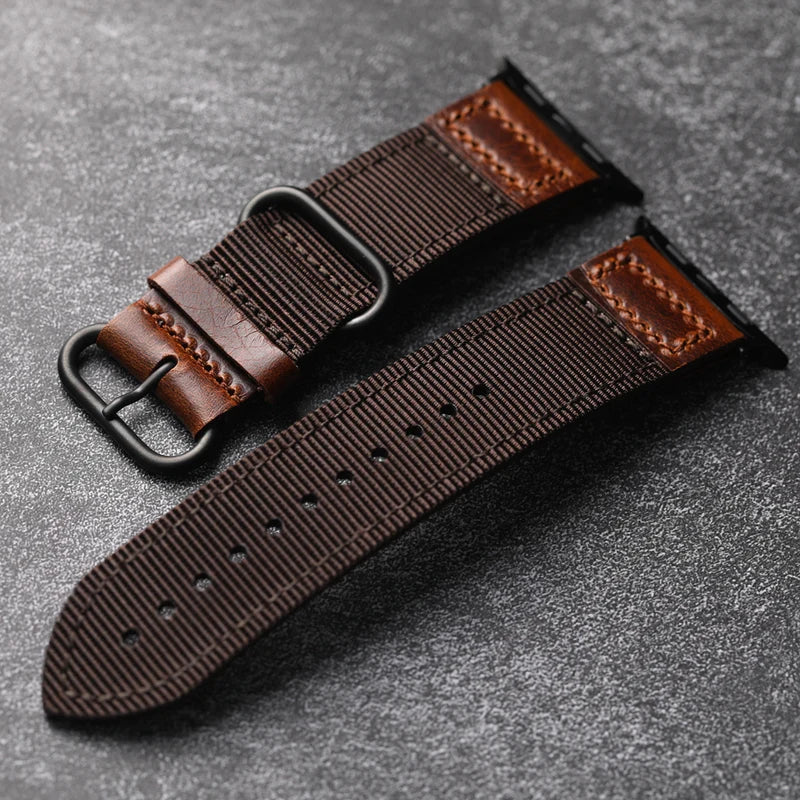 Straplix Handmade Nylon Leather Band for Apple Watch – Hybrid Fabric & Leather Strap Compatible with 40mm 41mm 42mm 44mm 45mm 46mm 49mm