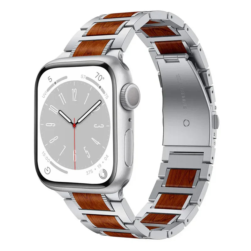 Straplix Natural Red Sandalwood & Metal Band for Apple Watch – Wood and Stainless Steel Strap Compatible with 38mm 40mm 41mm 42mm 44mm 45mm 49mm