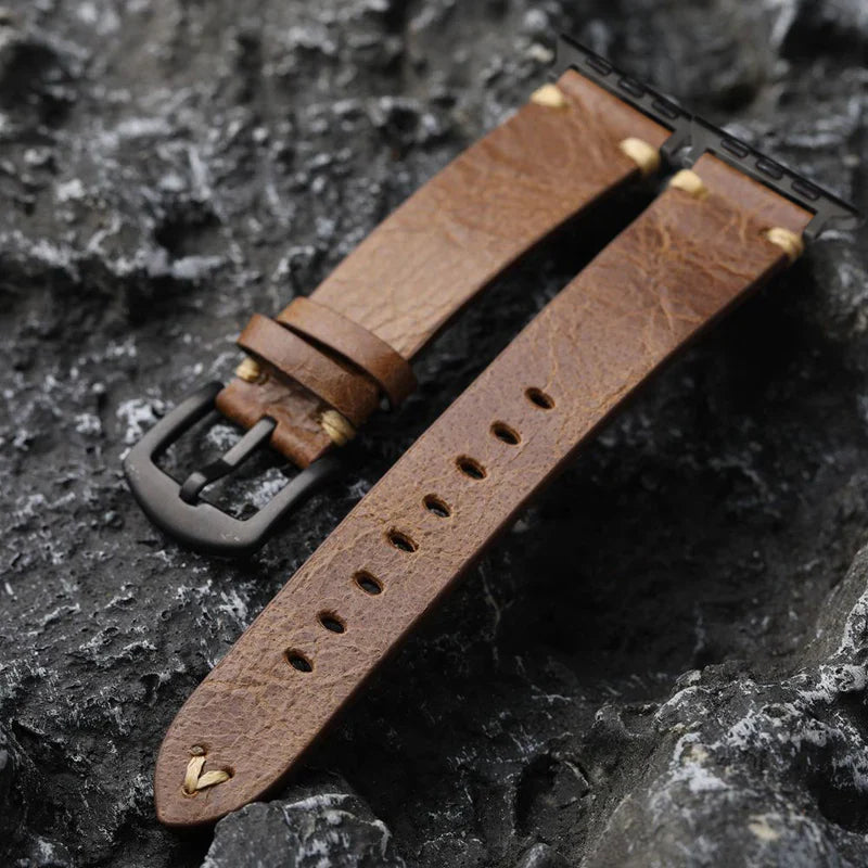 Straplix Vintage Cracked Leather Strap for Apple Watch – Distressed Texture Band Compatible with 40mm 41mm 42mm 44mm 45mm 46mm 49mm