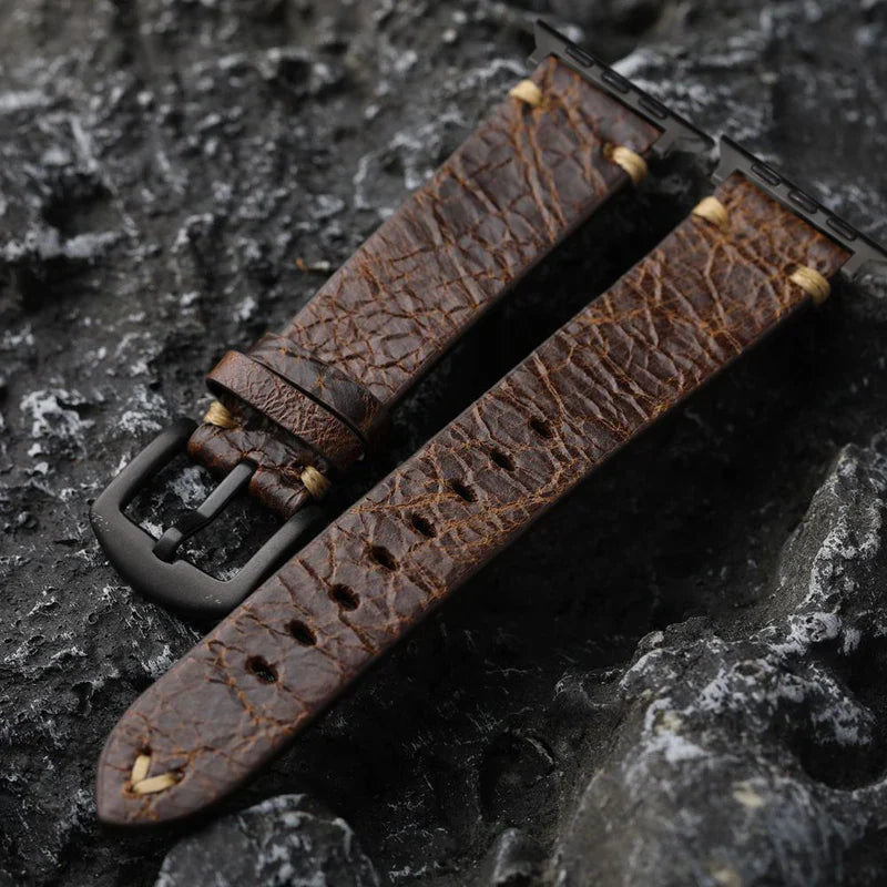 Straplix Vintage Cracked Leather Strap for Apple Watch – Distressed Texture Band Compatible with 40mm 41mm 42mm 44mm 45mm 46mm 49mm