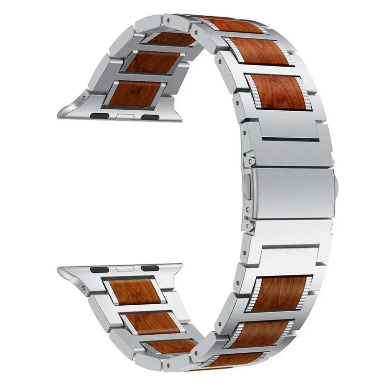 Straplix Natural Red Sandalwood & Metal Band for Apple Watch – Wood and Stainless Steel Strap Compatible with 38mm 40mm 41mm 42mm 44mm 45mm 49mm