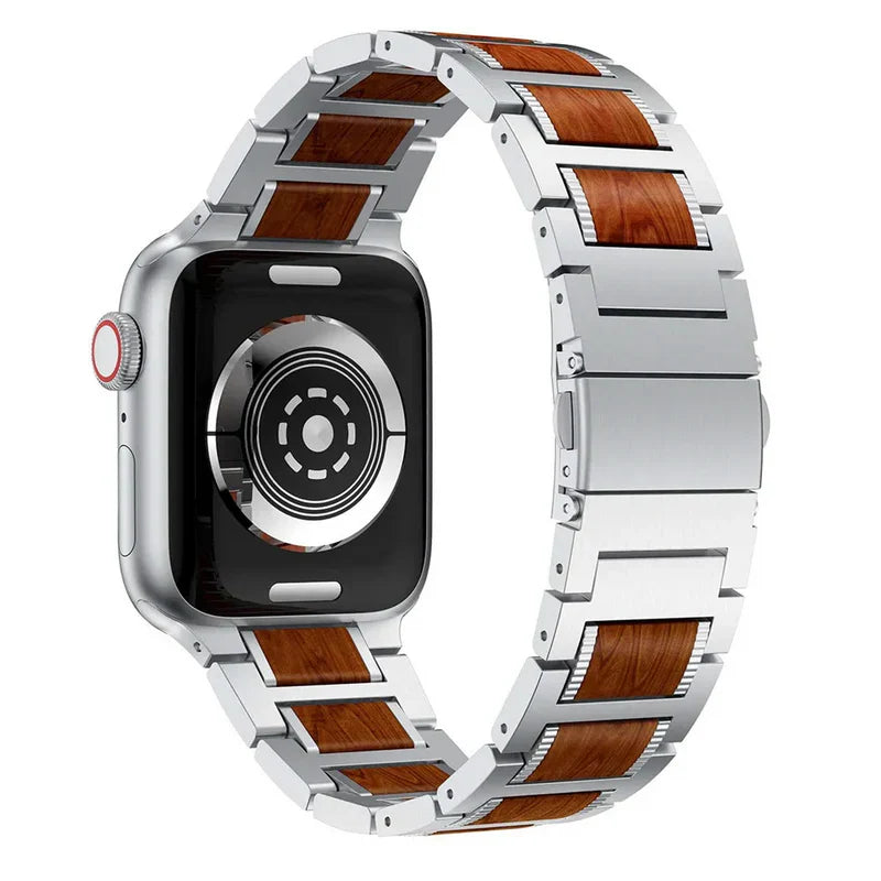 Straplix Natural Red Sandalwood & Metal Band for Apple Watch – Wood and Stainless Steel Strap Compatible with 38mm 40mm 41mm 42mm 44mm 45mm 49mm
