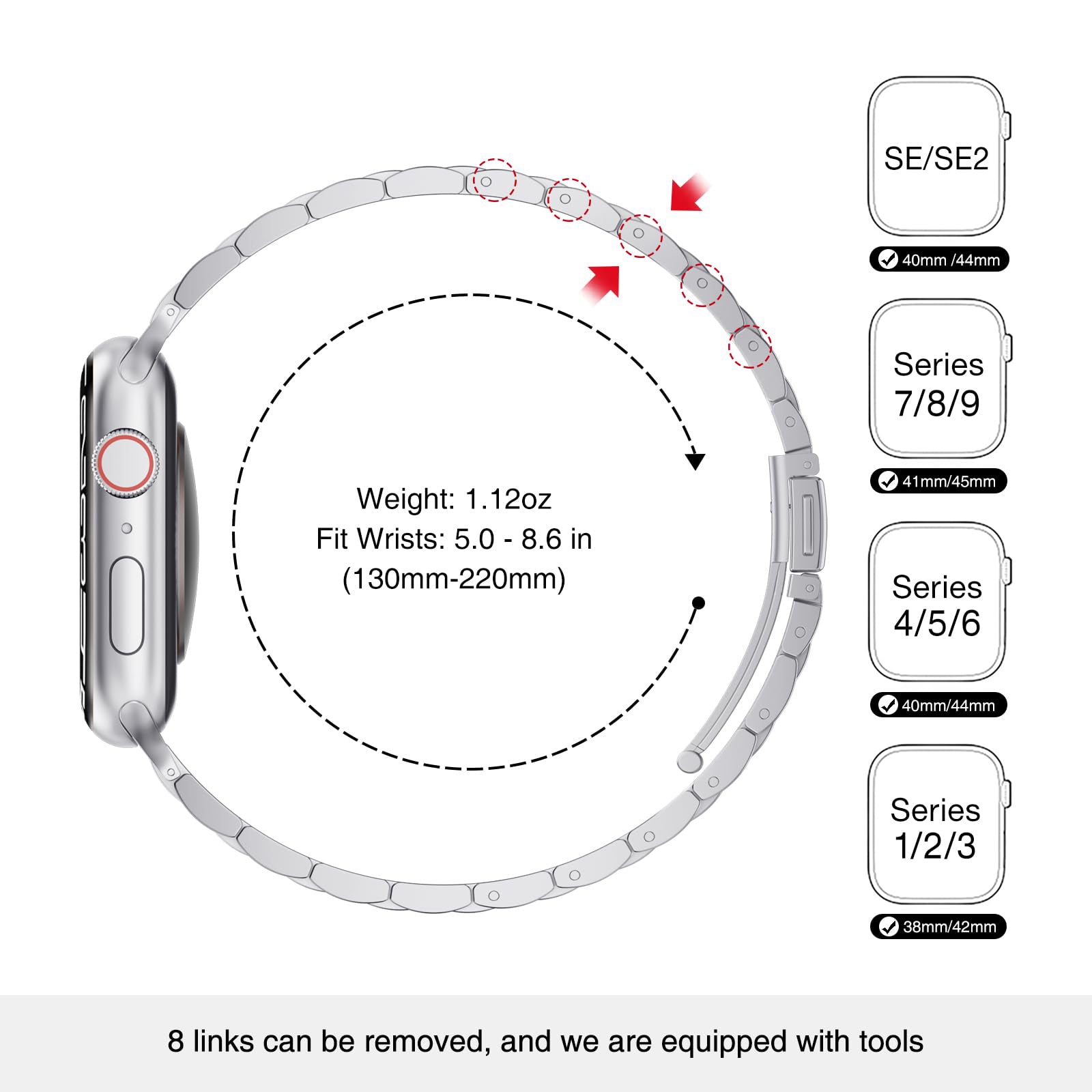 Straplix Thin Adjustable Stainless Steel Band for Apple Watch – Elegant Metal Strap for Women, Compatible with 38mm 40mm 41mm 42mm 44mm 45mm 46mm 49mm