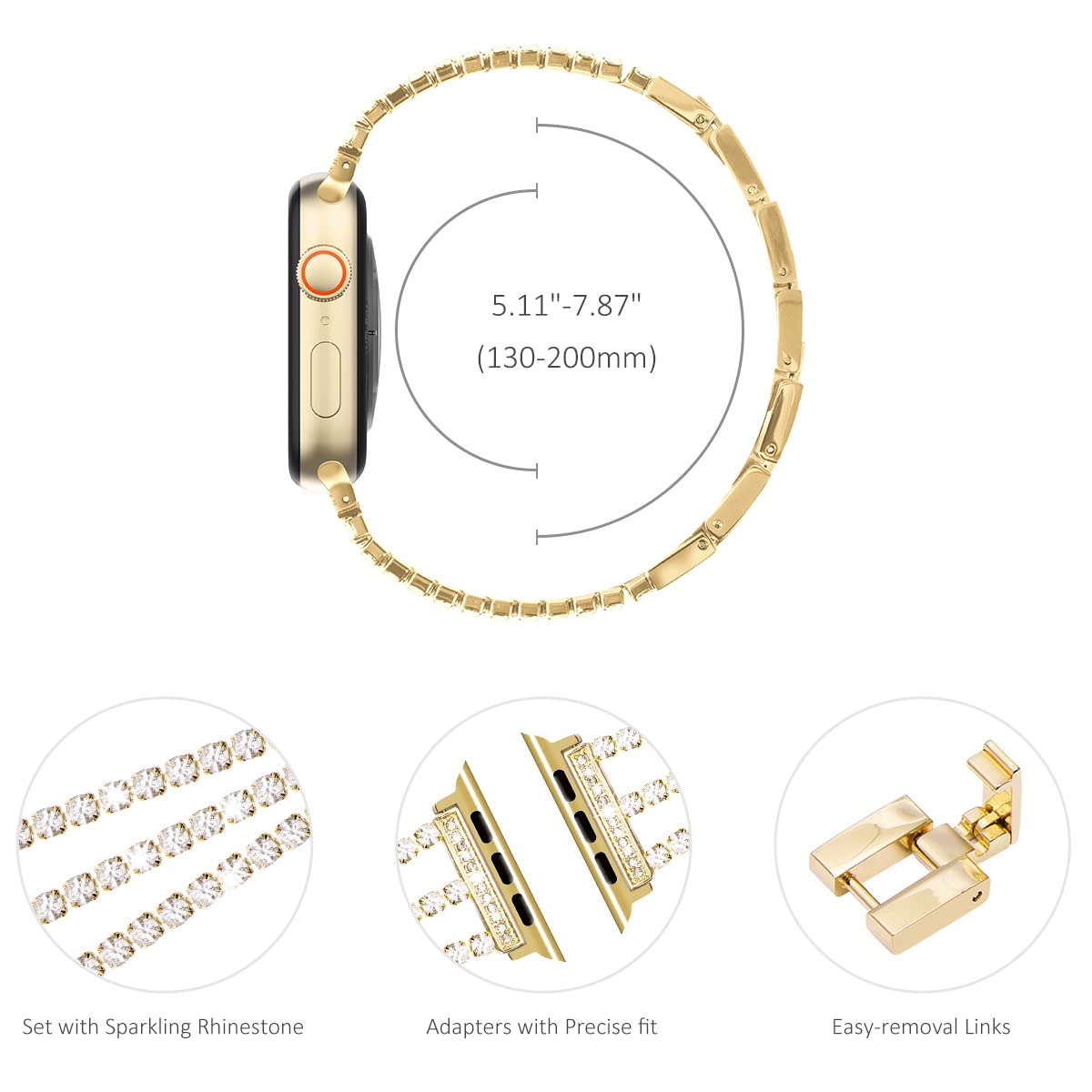 Straplix Triple Row Rhinestone Chain Band for Apple Watch – Sparkling Metal Bracelet Strap for Women, Compatible with 38mm 40mm 41mm 42mm 44mm 45mm 46mm 49mm