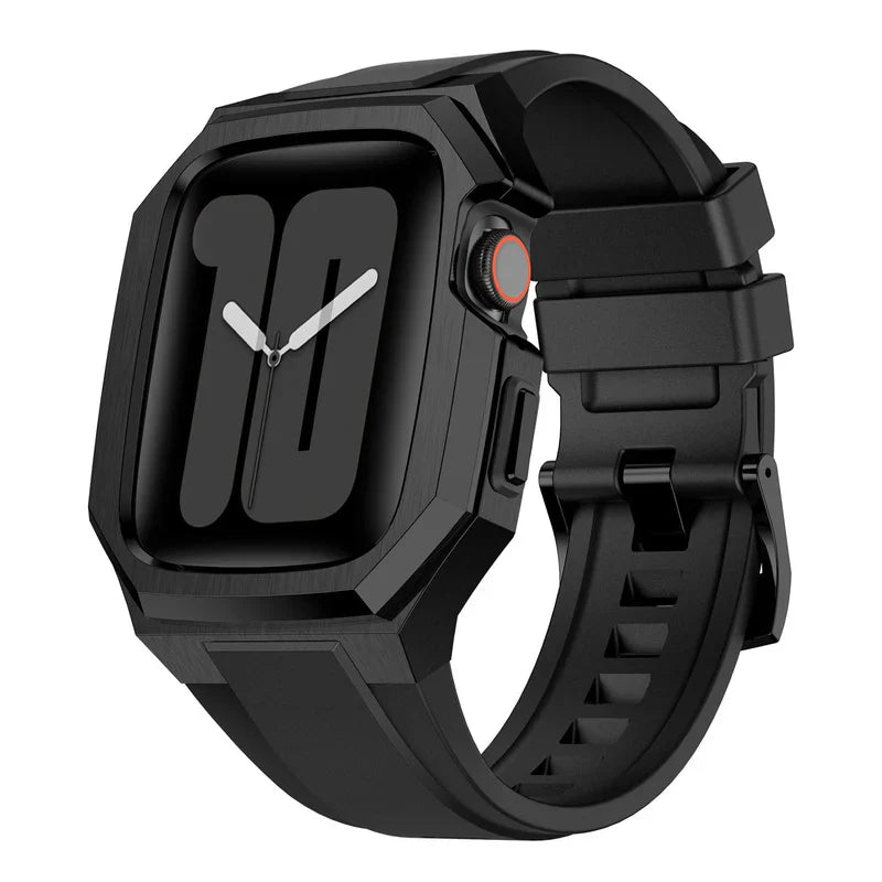 Straplix Stainless Steel Case with Rubber Band for Apple Watch – Rugged Retrofit Kit Compatible with 44mm 45mm 49mm